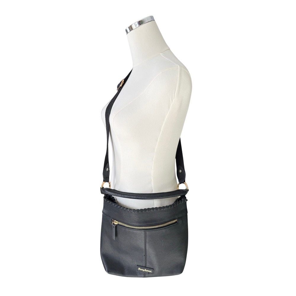 Tommy Bahama Black Leather Crossbody Bag Zip Pocket Adjustable Strap - Picture 7 of 7